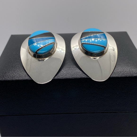 Sterling Silver Block Multi Stone Inlay Post Earrings SIGNED turquoise Navajo - Picture 5 of 16